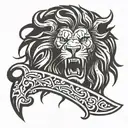 double edged Zulfiqar sword in the mouth of a Lion  tattoo design idea