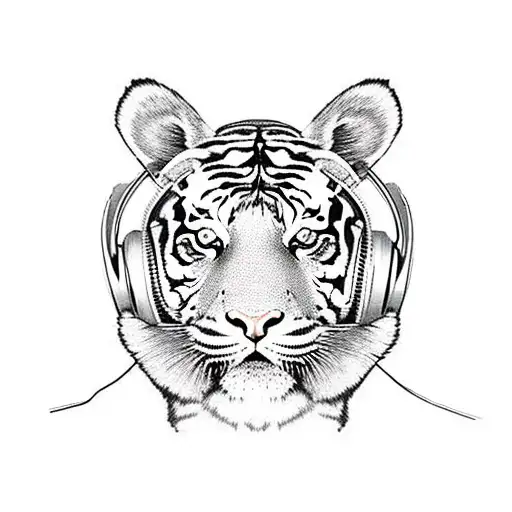 A tiger head wearing DJ headphones surrounded by Persian patterns tattoo design idea