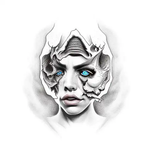 portrait half good half evil tattoo design idea