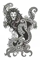 lion with compass and giant squid wrapped tattoo design idea