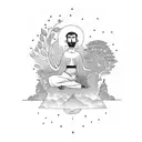 A philosopher sitting under a Bali tree, lost in thought tattoo design idea