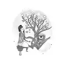 A philosopher sitting under a Bali tree, lost in thought tattoo design idea