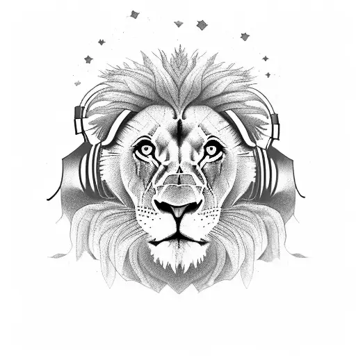 A wise lion wearing headphones, with a ski slope in the background, including the following words: unyielding, undaunted tattoo design idea