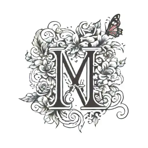 large letter A surrounded by a monky, flower, heart, butterfly, intials L, J, C, M tattoo design idea