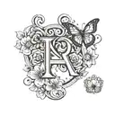 large letter A surrounded by a monky, flower, heart, butterfly, intials L, J, C, M tattoo design idea