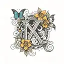 large letter A surrounded by a monky, flower, heart, butterfly, intials L, J, C, M tattoo design idea