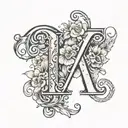 large letter A surrounded by a monky, flower, heart, butterfly, intials L, J, C, M tattoo design idea