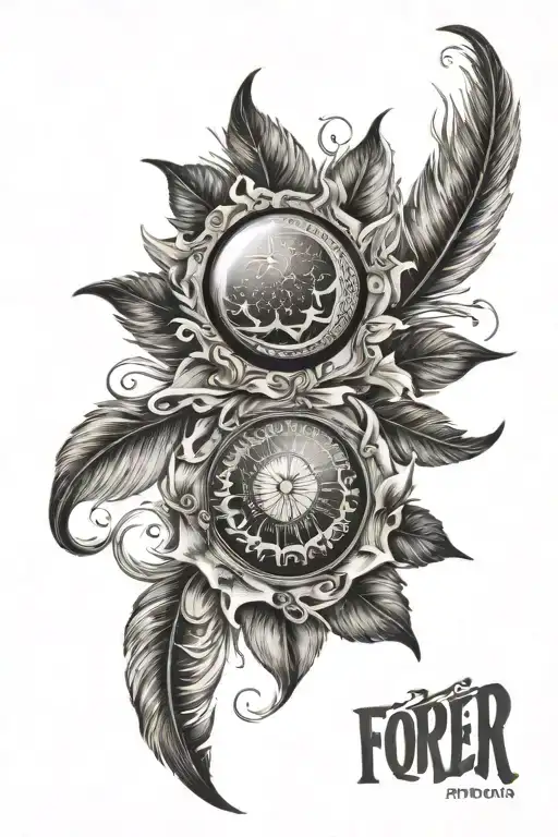 a cover up tattoo, the old one has the word forever with a small sun and moon on top, the new tattoo should be a feather tattoo design idea