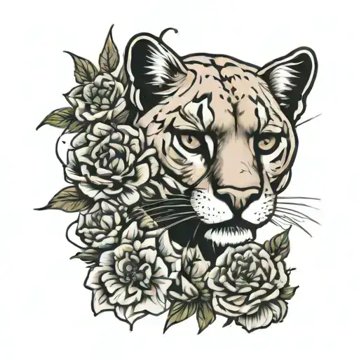 cougar with carnations and poppy flowers tattoo design idea