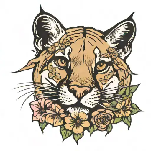 mountain cougar with January and August birth flowers tattoo design idea