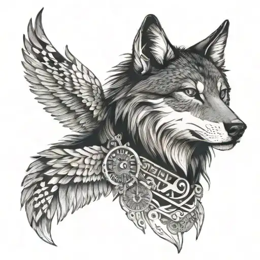 A mystical tattoo of a wolf, eagle, Indian woman, and Egyptian hieroglyphs, with a scorpion hidden within the design, symbolizing the client's favorite things tattoo design idea
