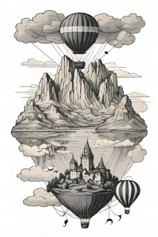Pic d'Ossau with a hot air balloon in the bottomless sky tattoo design idea