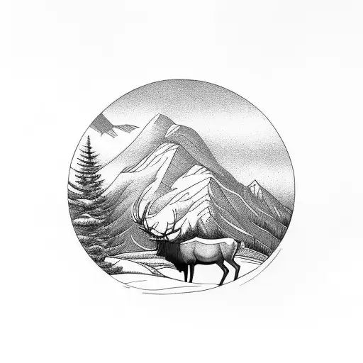 mountain scene with elk tattoo design idea