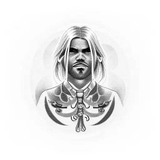 floating head cowboy with shoulder length straight blonde hair, blind in left eye, warm inviting aura, also he's haunted tattoo design idea