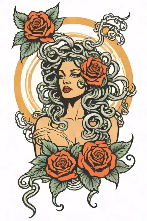 Medusa with a Fire Rose Unity Symbol tattoo design idea
