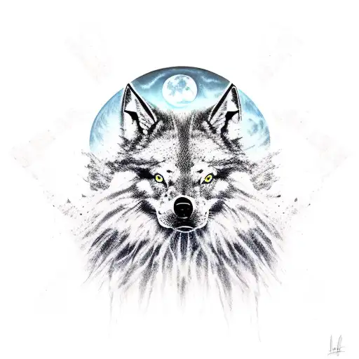 lobo, bosque, hombre solitario, luna tattoo design idea
