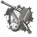A softball bat and fishing rod crossed over a vintage microphone, with a constellation of Capricorn stars in the background tattoo design idea