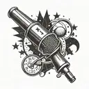 A softball bat and fishing rod crossed over a vintage microphone, with a constellation of Capricorn stars in the background tattoo design idea