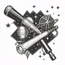 A softball bat and fishing rod crossed over a vintage microphone, with a constellation of Capricorn stars in the background tattoo design idea