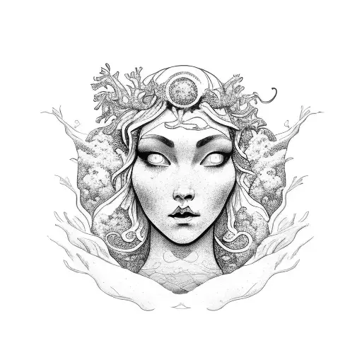 Gaia the earth goddess,Ariel the merm,Commiphora Myrrhaaid tattoo design idea