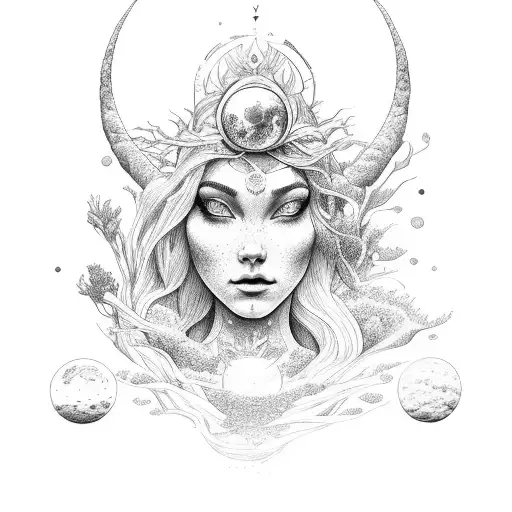 Gaia the earth goddess,Ariel the merm,Commiphora Myrrhaaid tattoo design idea