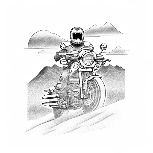 A motorcycle riding through a vibrant Japanese landscape with mountains and a sunset tattoo design idea