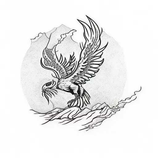 phoenix bird rising from ashes in a forest surrounded by mountains for wirst tattoo design idea