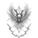 phoenix bird rising from ashes in a forest surrounded by mountains  tattoo design idea