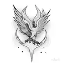 phoenix bird rising from ashes in a forest surrounded by mountains  tattoo design idea