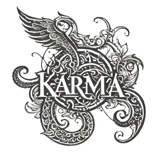 karma letters with black lines dark spots on tattoo design idea