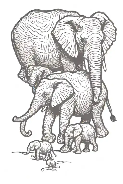 mother elephant leading three baby elephants walking tattoo design idea