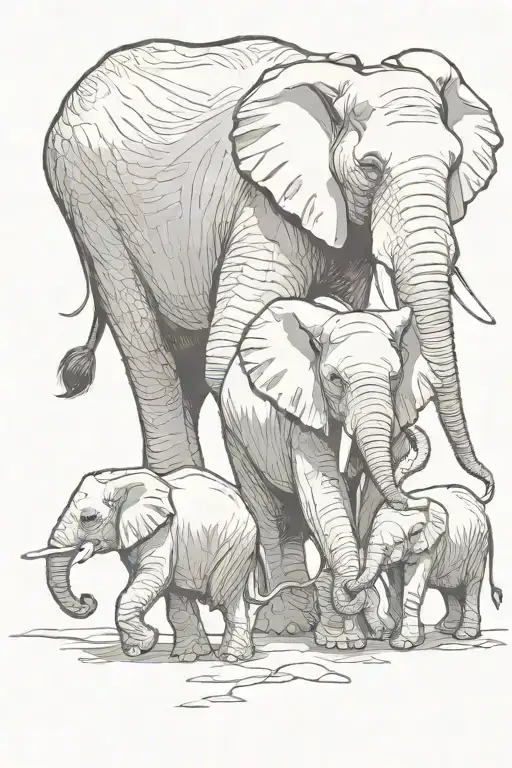 mother elephant leading three baby elephants walking tattoo design idea