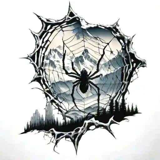 Spider more or less hidden in web, mountain in background, bird in the distance, losing feathers. Web more or less tattoo design idea