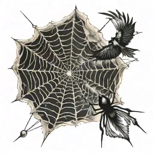 spider web with assembly, bird losing feathers tattoo design idea