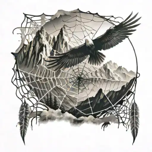 spider web which degrades discreetly with mountain in the background. Bird that loses eagle or phoenix style feathers tattoo design idea