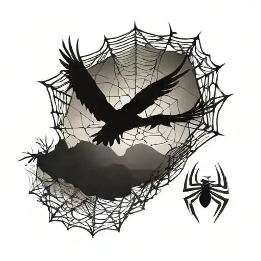 spider web which degrades discreetly with mountain in the background. Bird that loses eagle or phoenix style feathers tattoo design idea