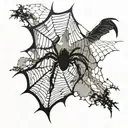 Spider more or less hidden in web, mountain in background, bird in the distance, losing feathers. Web more or less tattoo design idea