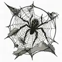Spider more or less hidden in web, mountain in background, bird in the distance, losing feathers. Web more or less tattoo design idea