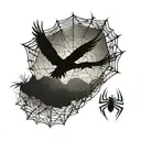 spider web which degrades discreetly with mountain in the background. Bird that loses eagle or phoenix style feathers tattoo design idea
