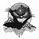 spider web which degrades discreetly with mountain in the background. Bird that loses eagle or phoenix style feathers tattoo design idea