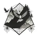 spider web which degrades discreetly with mountain in the background. Bird that loses eagle or phoenix style feathers tattoo design idea