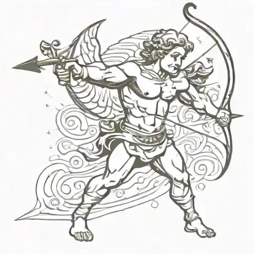 Muscular cupid shooting arrow tattoo design idea