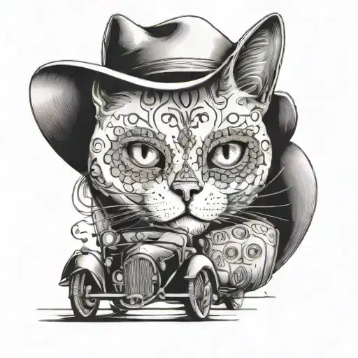 Incorporate Mexican sugar skull designs with a ghostly cat driving a vintage car tattoo design idea