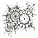 half sunflower and half clock that breaks at 3.30pm. With background of roses and stars tattoo design idea