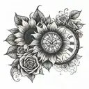 half sunflower and half clock that breaks at 3.30pm. With background of roses and stars tattoo design idea