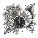 half sunflower and half clock that breaks at 3.30pm. With background of roses and stars tattoo design idea