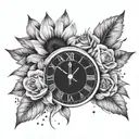 half sunflower and half clock that breaks at 3.30pm. With background of roses and stars tattoo design idea