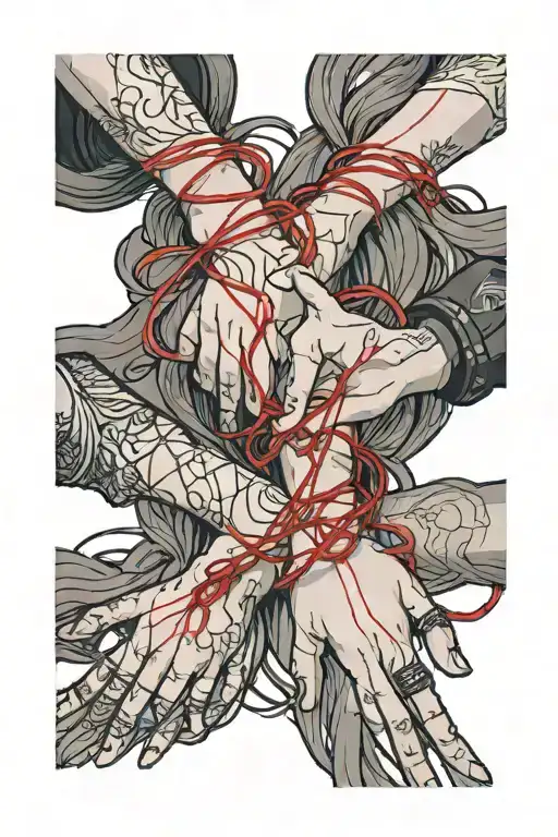 a red string is held by the fate sisters in their hands standing next to eachother  tattoo design idea