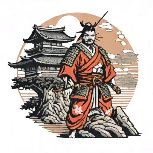 samurai warior standing proudly atop a Japanese castle red sun in the backround tattoo design idea