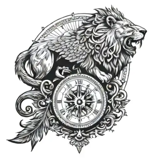 lion, compass, clock, eagle tattoo design idea